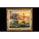 Large Oil Painting of Ships at War depicting two sailing ships, one on fire,