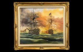 Large Oil Painting of Ships at War depicting two sailing ships, one on fire,