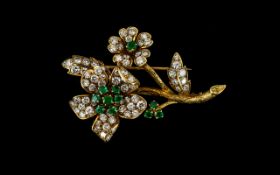 Van Cleef and Arpels Style Stunning Emerald and Diamond Set Flower Spray Brooch, The Round Brilliant