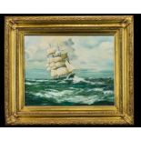 Large Oil Painting of a Sailing Ship in an ornate gilt frame, signed to bottom left T Crawford.