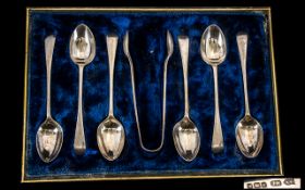Boxed Set Of Six Silver Spoons Together With Matching Sugar Nips, Silk Lined Fitted Case, Hallmarked
