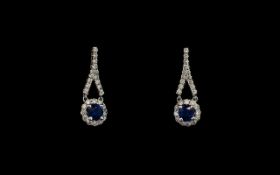 Ladies - Attractive and Nice Quality Pair of 18ct White Gold Sapphire and Diamond Set Earrings,