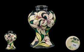 Moorcroft Contemporary Tubelined Vase of Waisted Form ' Lilies ' Design. Designer Kerri Goodwin,