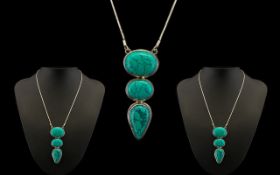Turquoise Silver Statement Necklace, Large and impressive Turquoise pendant set in silver, suspended