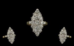 18ct Gold - Superb Quality Boat Shaped Diamond Set Dress Ring, The Round Brilliant Cut Diamonds of