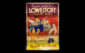 Vintage 1950s Travel Poster advertising Express Coaches to Lowestoft travel by North Western.