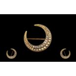 Antique Period Fine Quality 15ct Gold Crescent Moon Brooch set with seed pearls and diamonds.