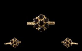 Edwardian Period 1902 - 1910 Attractive 9ct Gold Garnet Set Cluster Ring, Flower head Design. Marked