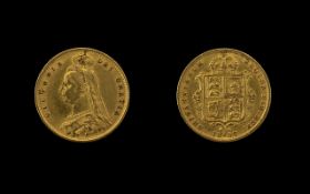 Queen Victoria Jubilee Head - Shield Back 22ct Gold Half Sovereign. Date 1887. London mint. E.F.