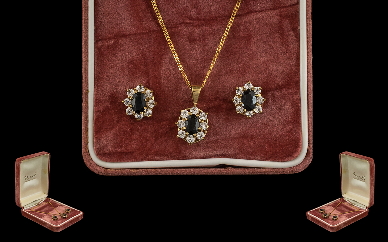 Ladies 9ct Yellow Gold Attractive Diamond and Sapphire Set Pendant Drop on an Attached 9ct Gold