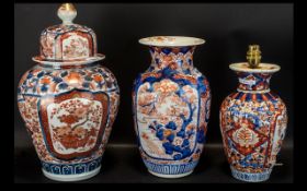 A Collection of Three Japanese Imari Vases all of typical form, one lidded,