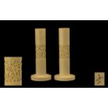 Chinese Early 20th Century Pair of Heavy Carved Ivory Candlesticks.