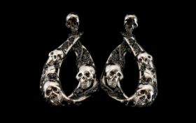 Skull and Black Spinel Snake Large Drop Earrings,