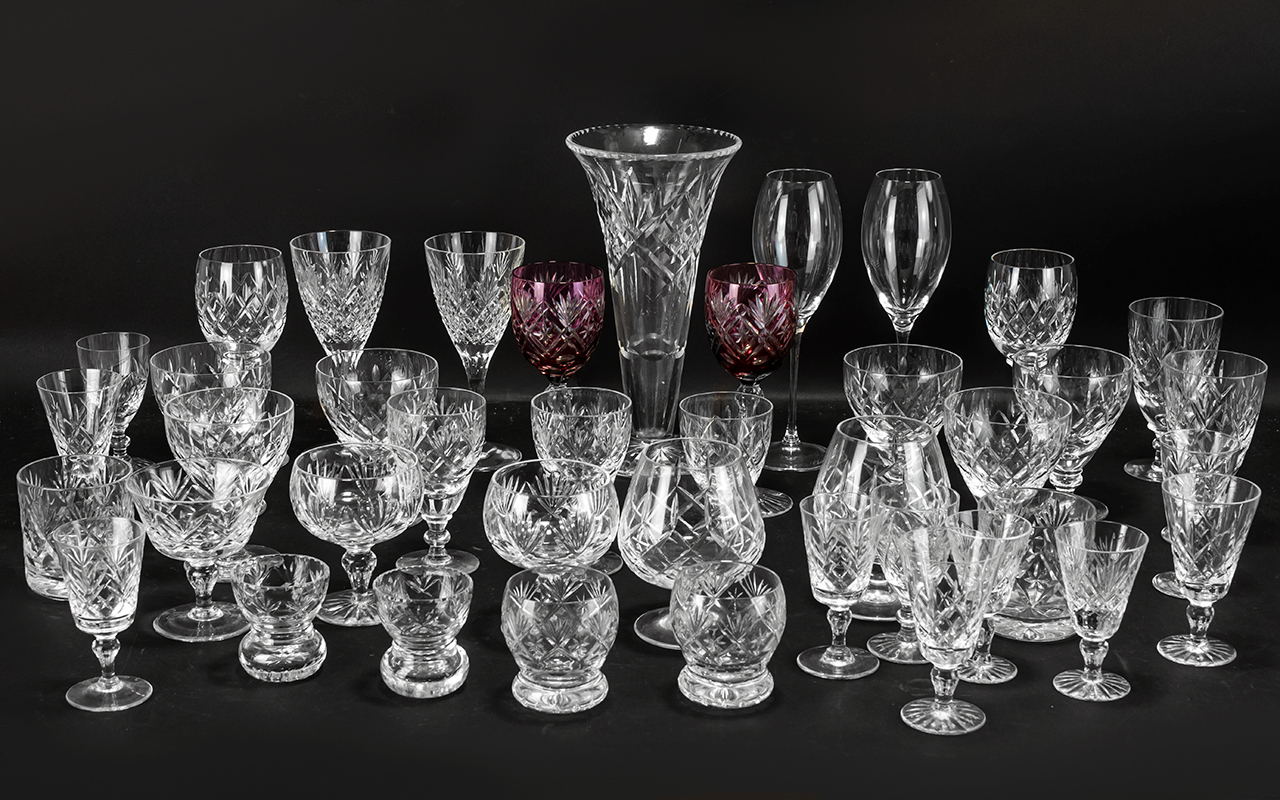 Collection of Crystal Drinking Glasses to include 17 assorted wine glasses; 10 sherry glasses;