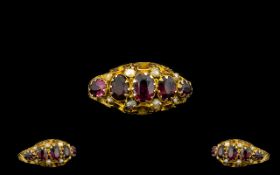 Edwardian Period - Ornate/Fancy 9ct Gold - Garnet And Pearl Set Dress Ring.