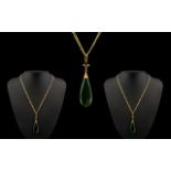 9ct Gold Topped - Tear Drop Jadeite Pendant with Attached 9ct Gold Chain,