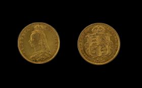 Queen Victoria Jubilee Head - Shield Back 22ct Gold Half Sovereign. Date 1887. London mint. E.F.