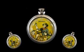 Ingersoll - 1930's Keyless Chrome Case Shooting Cowboy - Rapid Fire Pocket Watch.