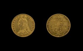 Queen Victoria Jubilee Head - Shield Back 22ct Gold Half Sovereign. Date 1887. London Mint. E. F.