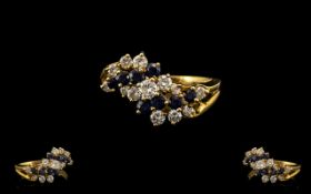 18ct Gold Attractive Diamond and Sapphire Set Dress Ring - From the 1980's.