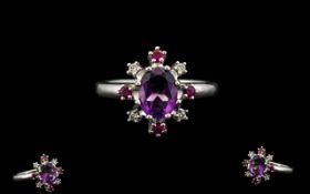 Superb Quality 18ct White Gold Top Quality Amethyst - Ruby and Diamond Set Dress Ring.