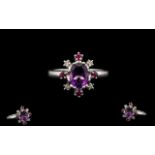 Superb Quality 18ct White Gold Top Quality Amethyst - Ruby and Diamond Set Dress Ring.