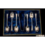 Boxed Set Of Six Silver Spoons Together With Matching Sugar Nips, Silk Lined Fitted Case,