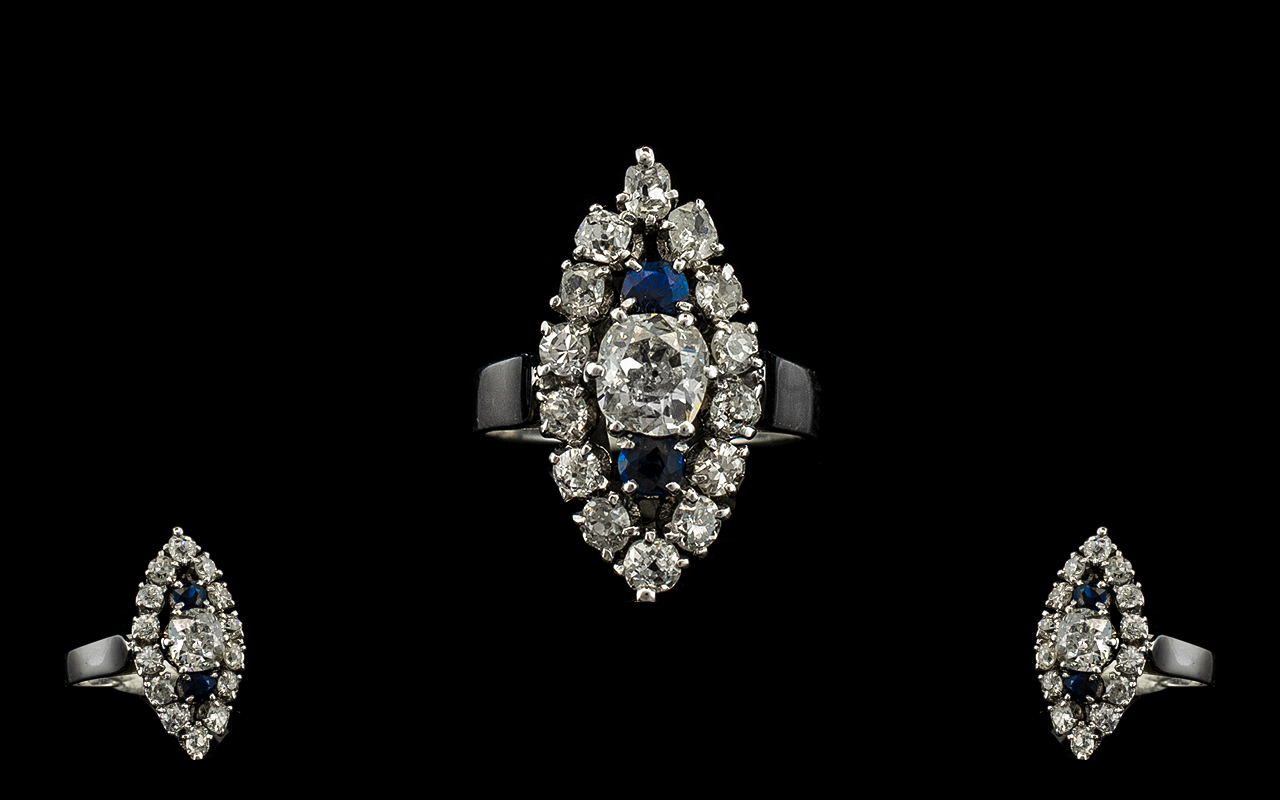 18ct White Gold - Attractive Sapphire and Diamond Set Dress Ring From the 1930's.