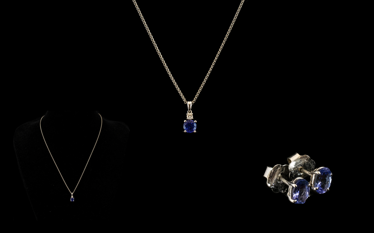 9ct White Gold - Contemporary and Attractive Tanzanite and Diamond Set Earrings with Matching