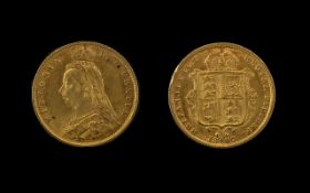 Queen Victoria Jubilee Head - Shield Back 22ct Gold Half Sovereign. Date 1887. London mint.