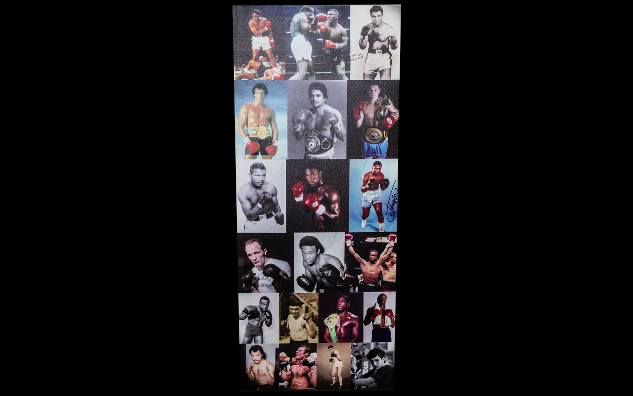 Boxing Interest. A Canvas Montage of Famous Boxers (17) in total. Measures 19.5 by 47 inches.