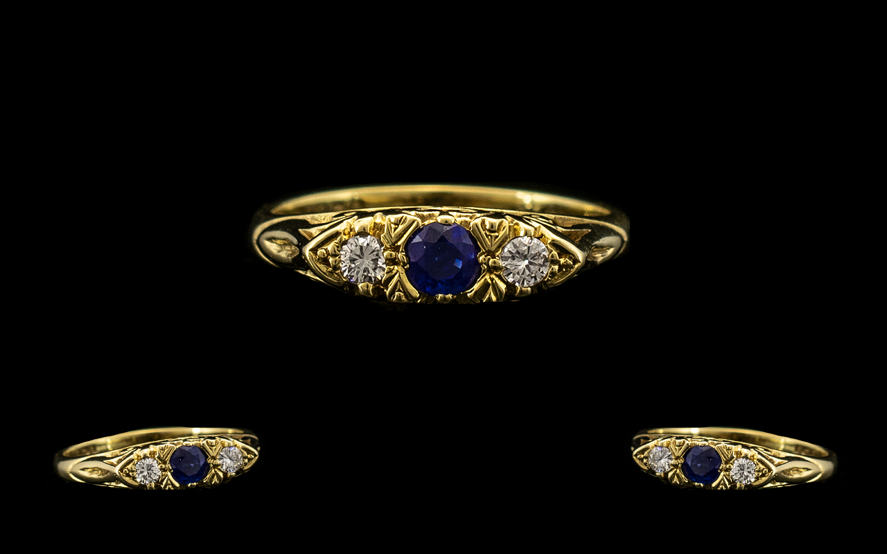 18ct Gold - Attractive Diamond and Sapphire 3 Stone Ring, Gypsy Setting. Hallmark Birmingham 1979.