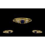 18ct Gold - Attractive Diamond and Sapphire 3 Stone Ring, Gypsy Setting. Hallmark Birmingham 1979.
