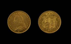 Queen Victoria Jubilee Head - Shield Back 22ct Gold Half Sovereign. Date 1887. London mint. E.F.