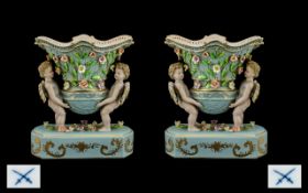 German - Late 19th Century Pair of Hand Painted Porcelain Figural Centrepieces, Each Depicts Two