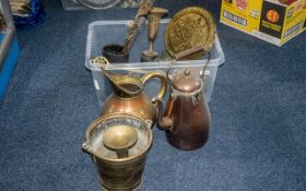 A Collection of Metalware mainly brass and copper including a large jug, fire accessories,