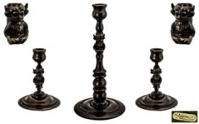 Lincoln Imp Candlesticks. Antique set of Oak candlesticks, 2 Squat ones with the makers mark