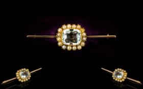 Antique Period - Two Tone 9ct Gold Bar Brooch, Set with Aquamarine and Seed Pearls.