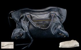 Ladies Navy Leather Balenciaga Bag with dust cover. Chrome placket inside bag engraved '