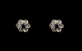 9ct Gold Pair of Attractive Ladies Earrings Set with Sapphires and Diamonds, Both Earrings Fully