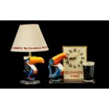 Guinness Interest. Guinness Clock with Toucan and pint and a Guinness Toucan table Lamp, made by