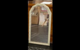 Large Decorative Mirror with bevelled glass and green and gilt frame. Measures approx 40'' x 21''.
