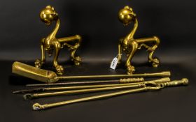 Victorian Brass Fire Dogs in the stylised form of dragons with talons and balls bust head.