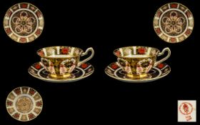 Royal Crown Derby Old Imari Pattern Single Gold Band 22ct Gold Pair of Large Cups and Saucers.