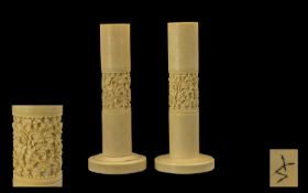 Chinese Early 20th Century Pair of Heavy Carved Ivory Candlesticks. The Central Panels Decorated