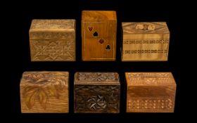 A Good Collection of Early 20thC Playing Card Hinged Wooden Boxes with carved and applied