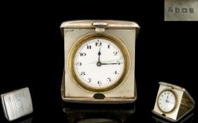 1920's Silver Case - Folding Pocket Size Travellers Clock with Push Button to Open, White