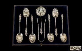 Edwardian Superb Quality Set of Six Silver Apostle Spoons + Matching Pair of Sugar Nips and Fruit /