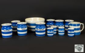 Collection of Cornish Kitchen Ware by T G Green, in traditional blue and white stripes. Comprises: