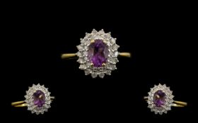 18ct Gold - Attractive Amethyst and Diamond Cluster Ring - Flower head Design.